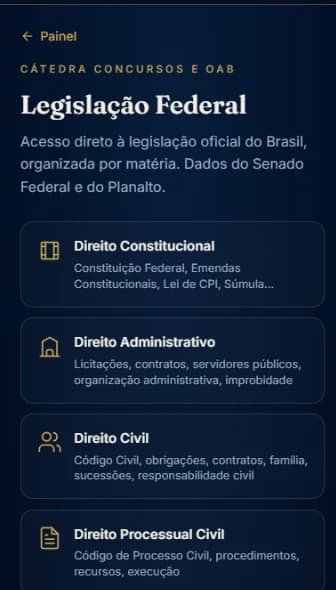 Tela da Legislação Federal do Cátedra organizada por matéria