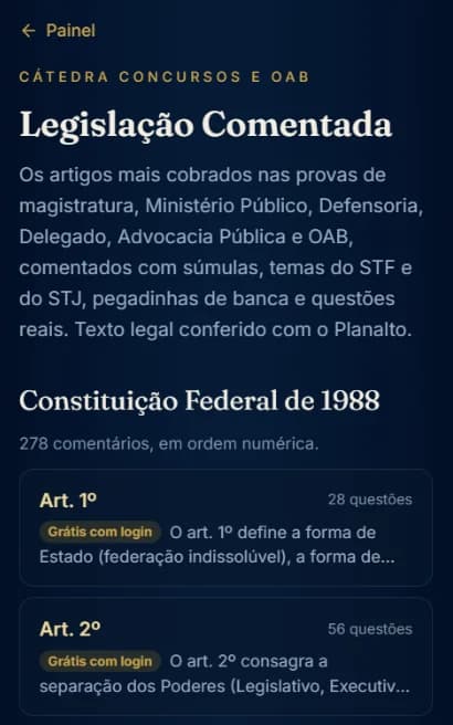 Tela da Legislação Comentada do Cátedra com a lista de artigos da Constituição