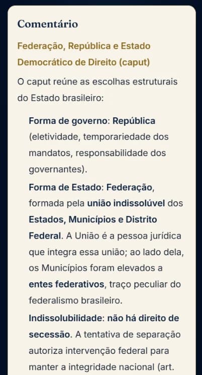 Tela do comentário do art. 1º da Constituição no Cátedra