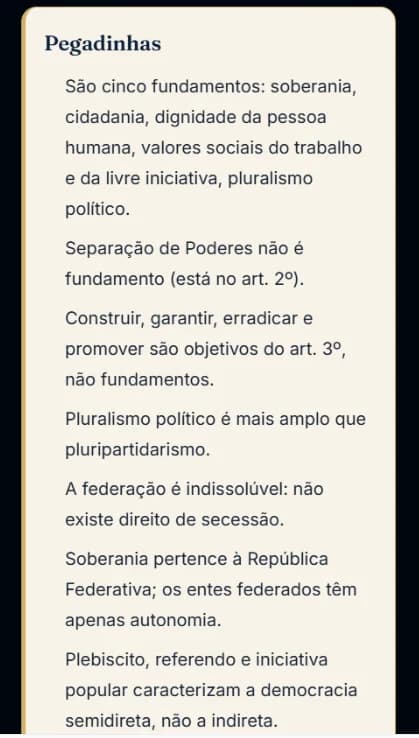 Tela da seção Pegadinhas do art. 1º da Constituição