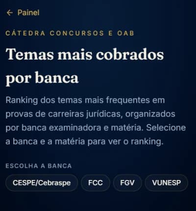 Tela dos temas mais cobrados por banca no Cátedra