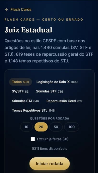 Tela de configuração dos flash cards para Juiz Estadual