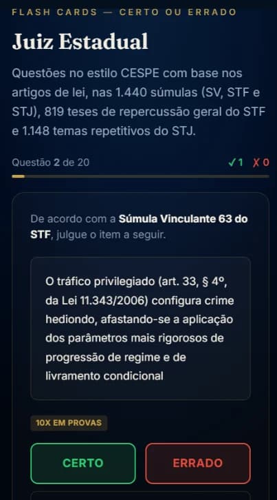 Tela de flash card sobre a Súmula Vinculante 63 do STF