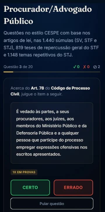 Tela de flash card sobre o art. 78 do Código de Processo Civil
