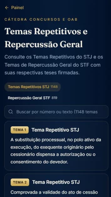 Tela dos Temas Repetitivos do STJ e de Repercussão Geral do STF