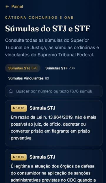 Tela das súmulas do STJ e do STF no Cátedra