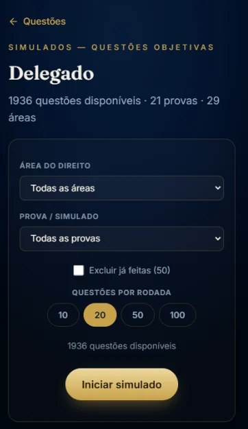 Tela de configuração do simulado de Delegado