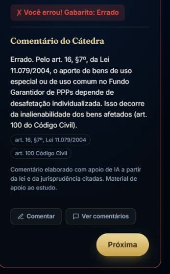 Tela do comentário do Cátedra na questão, com os artigos citados
