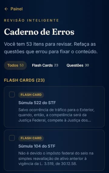 Tela do Caderno de Erros do Cátedra