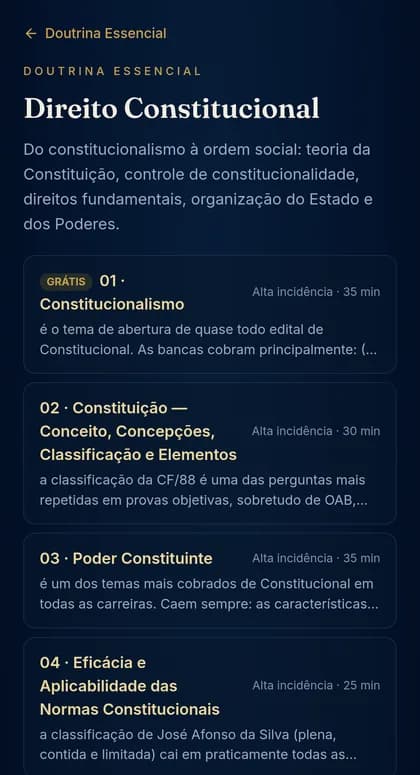 Tela da Doutrina Essencial do Cátedra com a lista de temas de Direito Constitucional