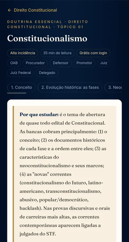 Tela do tópico Constitucionalismo na Doutrina Essencial do Cátedra