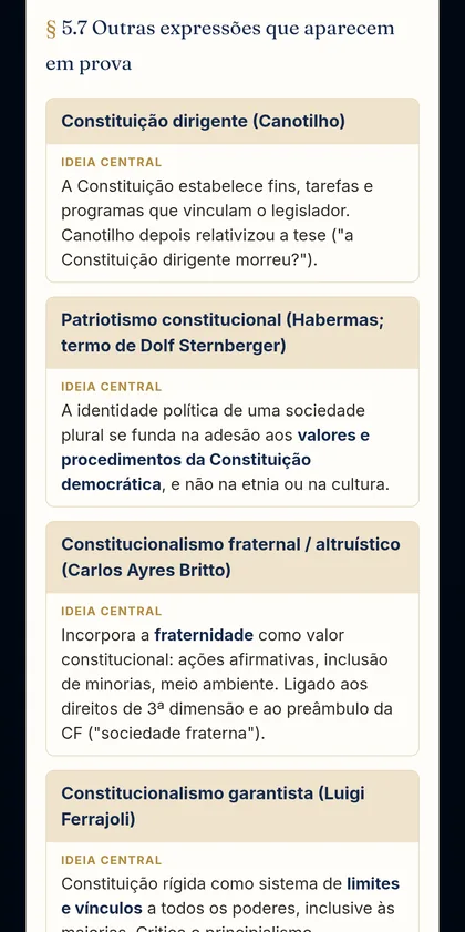 Tela com quadro comparativo de expressões doutrinárias no tópico Constitucionalismo