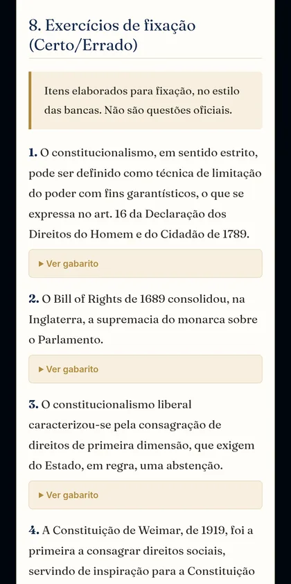 Tela dos exercícios de fixação Certo/Errado do tópico Constitucionalismo
